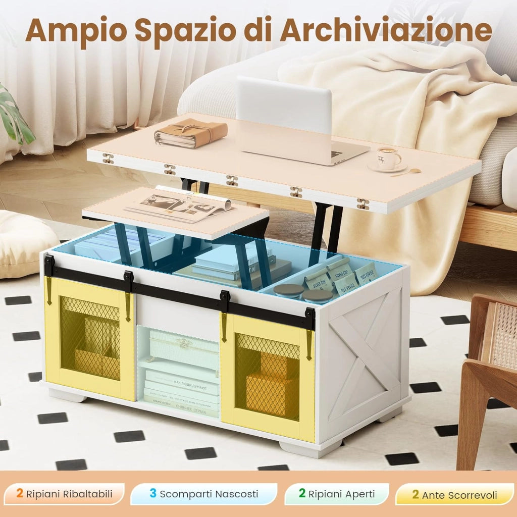 Tavolino da Salotto con Piano Sollevabile e Pieghevole, 3 in 1 Tavolo Convertibile e Salvasapzio con 2 Ante Scorrevoli, Ripiani Aperti, 3 Scomparti Nascosti e Piedini Antiscivolo (Bianco)
