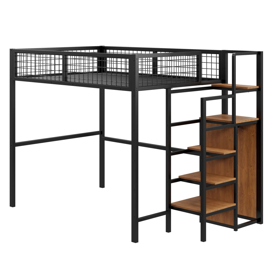 Letto a soppalco 140x200 cm con scala e armadio in MDF e metallo nero