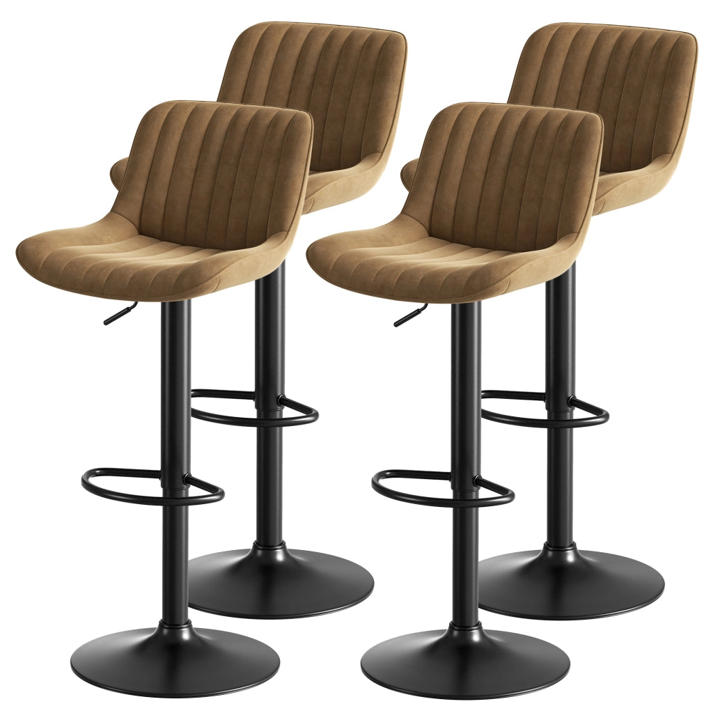 Set di 4 Sgabelli da Bar Regolabili in Altezza con Schienale e Seduta Girevole; Ferro; Metallo; Legno e Velluto; Marrone