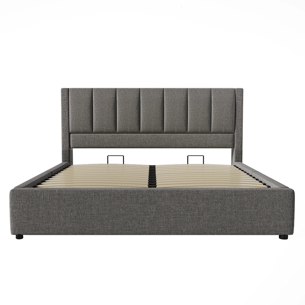 Letto imbottito-Xylo-160x200cm doppio porta-bicchiere USB idraulico lino grigio con materasso
