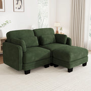 Divano modulare a L in chenille verde con pouf; cuscini lombari e bracciolo; 176x143x88 cm