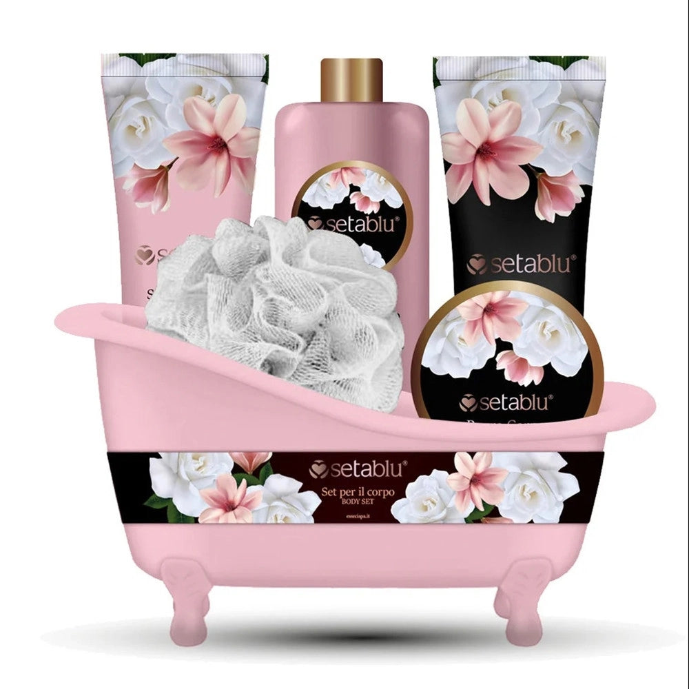 Trade Shop - Set Regalo Donna 5pz A Forma Di Vasca Da Bagno Rosa Portaoggetti Per Cura Benessere Corpo -