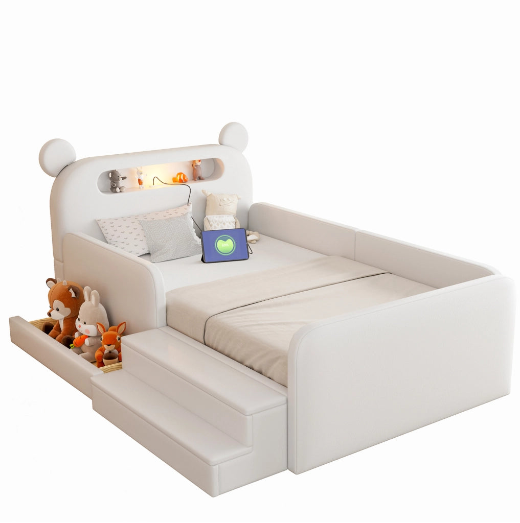 Letto imbottito modulare per bambini 90x200 cm con testiera orso; luce LED; USB e contenitore; bianco