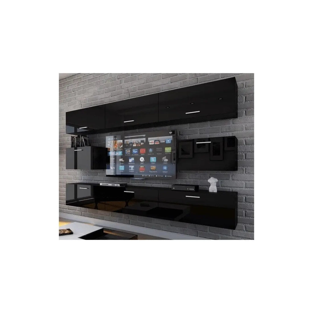 Set di mobili da soggiorno neri sospesi collezione CEPTO VII 249cm, 8 porte