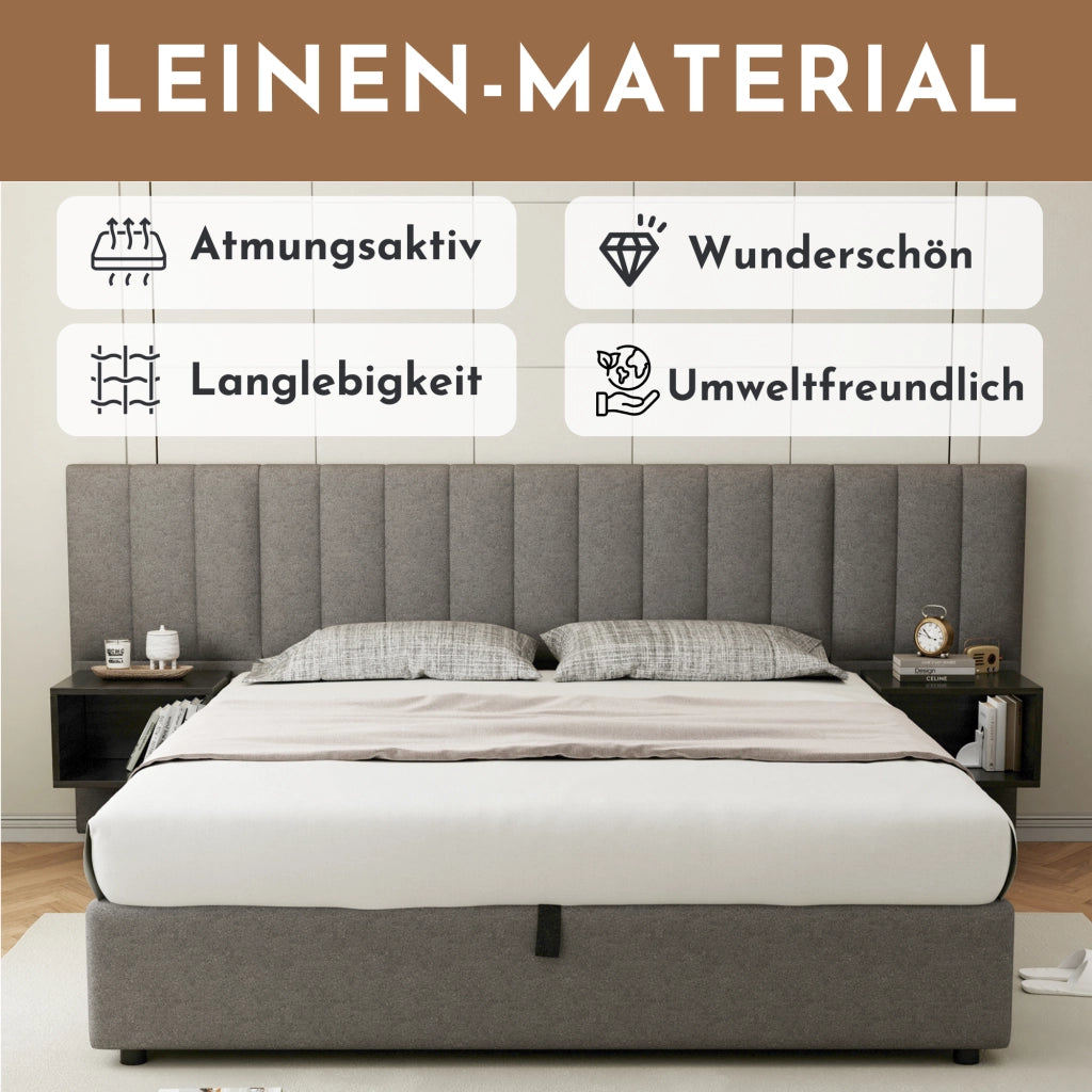 LETTO Contenitore 180x200 cm in lino grigio e nero con 2 comodini