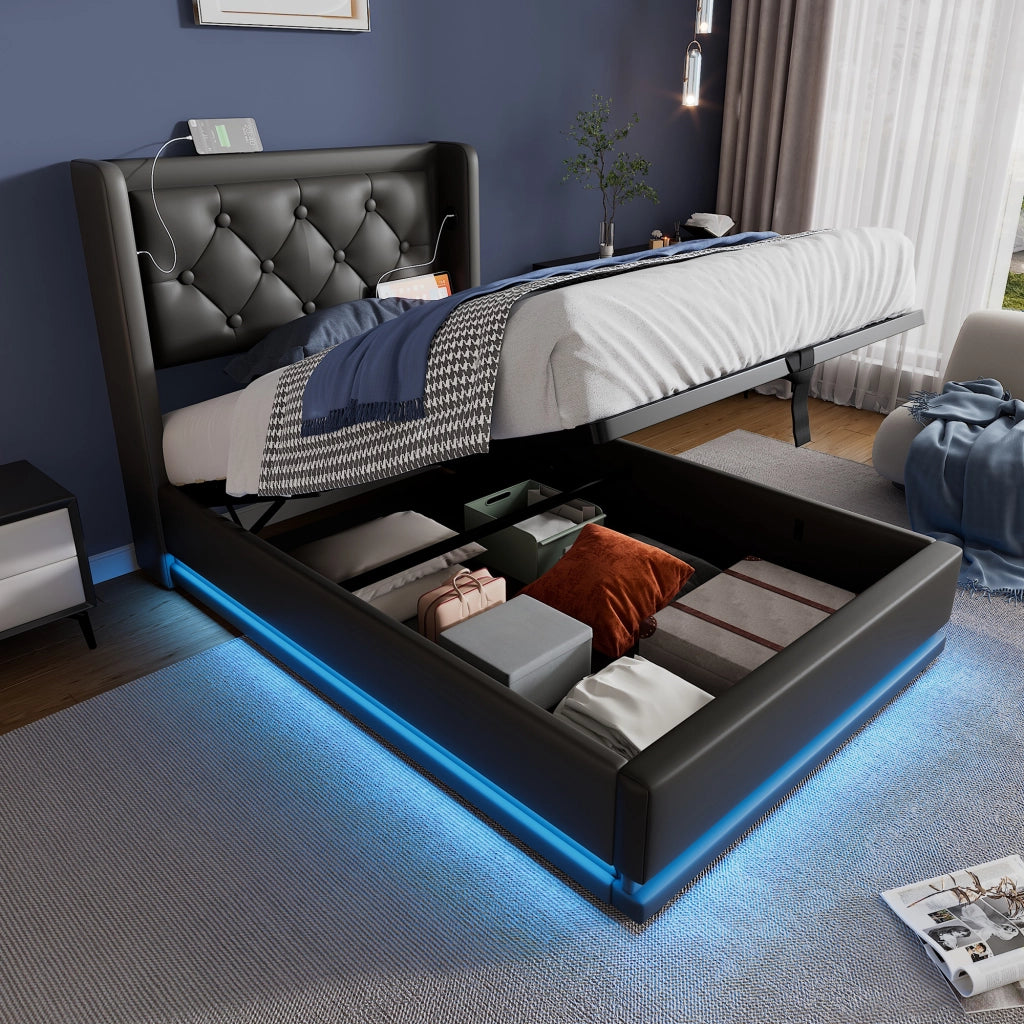 Letto singolo 90×200 cm con contenitore; USB Type-C; LED a 3 lati e testiera imbottita; materasso incluso; nero