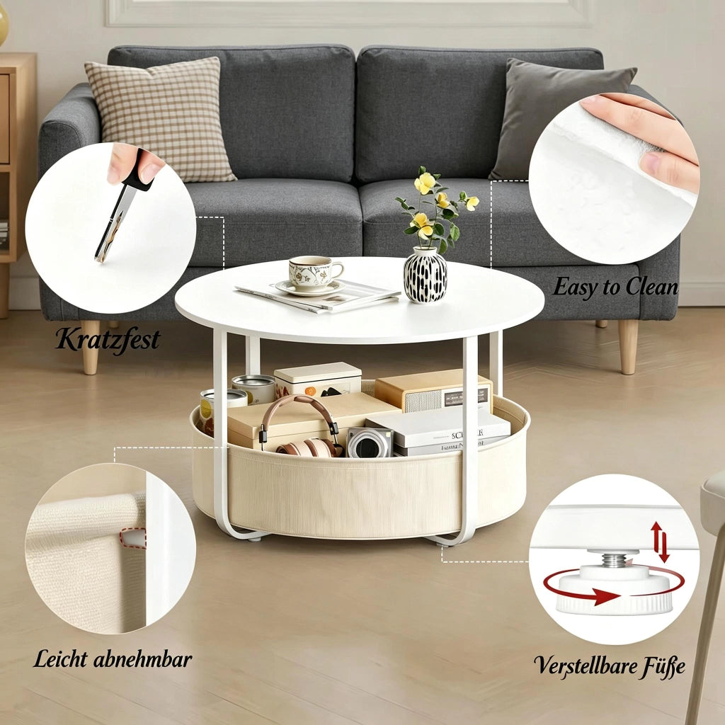 Tavolino basso rotondo con cestino in tela, struttura in metallo, per soggiorno e salotto, beige e bianco, Ø 80 × 50 cm
