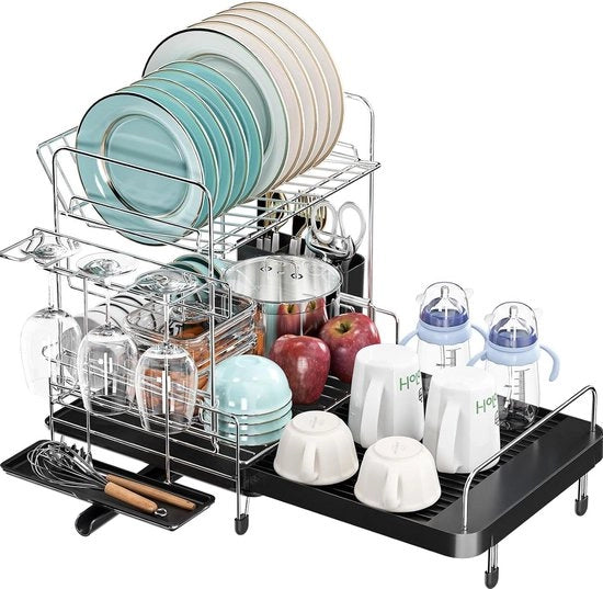 Afdruiprek uitbreidbaar 2 laag - Plaatrek in acciaio inossidabile - Organizzatore con contenitore per oggetti - Custodia per bicchieri da vino - Nero