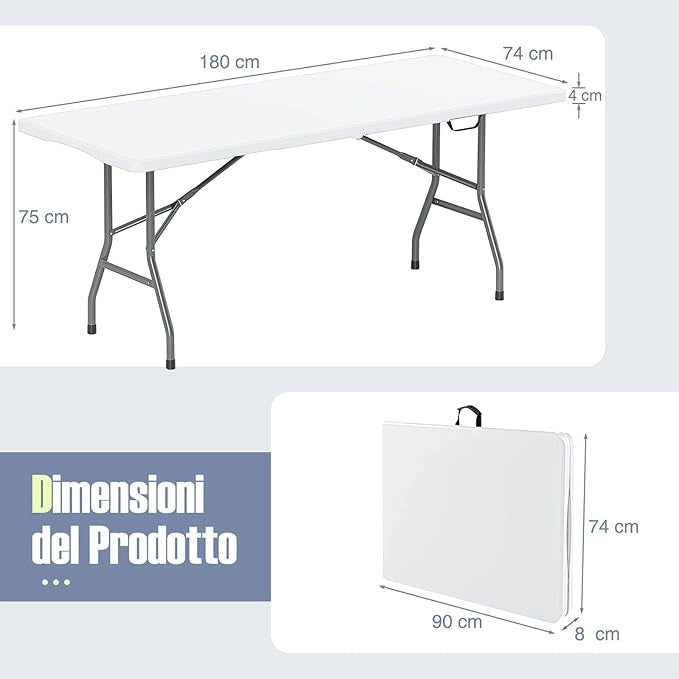 Tavolo Pieghevole Portatile da 180/245 cm, Tavolo da Campeggio in HDPE, Meccanismo di Blocco Sicuro, Tavolo da Picnic con Maniglia, Portata 160 kg (180 cm,Bianco)