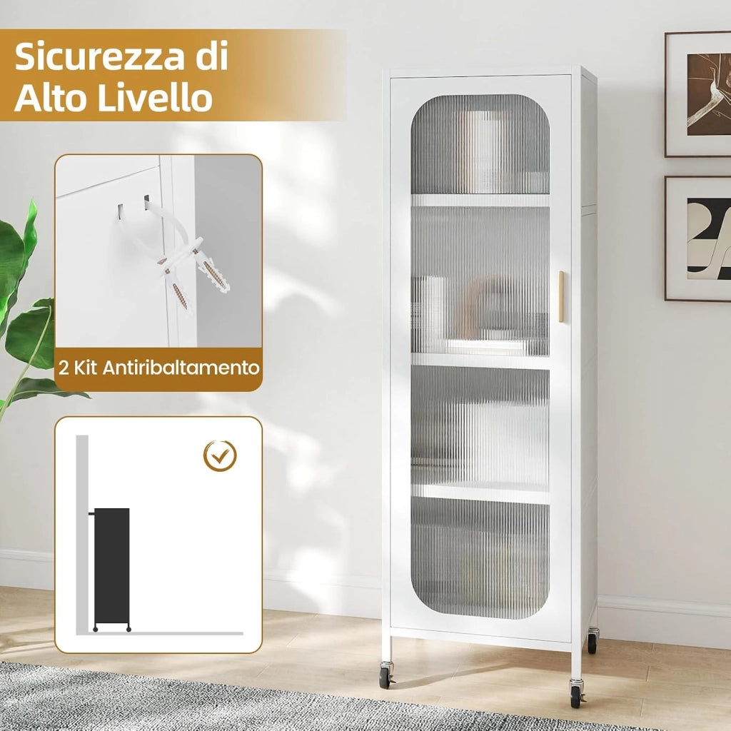 Mobile da Cucina in Metallo a 5 Ripiani, Credenza Salvaspazio con Mensole Regolabili 4 Ruote, Base Intercambiabile e Porta Semitrasparente, Organizzatore per Sala da Pranzo, Soggiorno (Bianco)