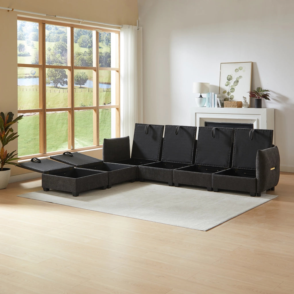 Divano U Modulare con Contenitore ¨C MINIMAL ¨C Chenille, Cuscini, Poggiapiedi, Legno Massello