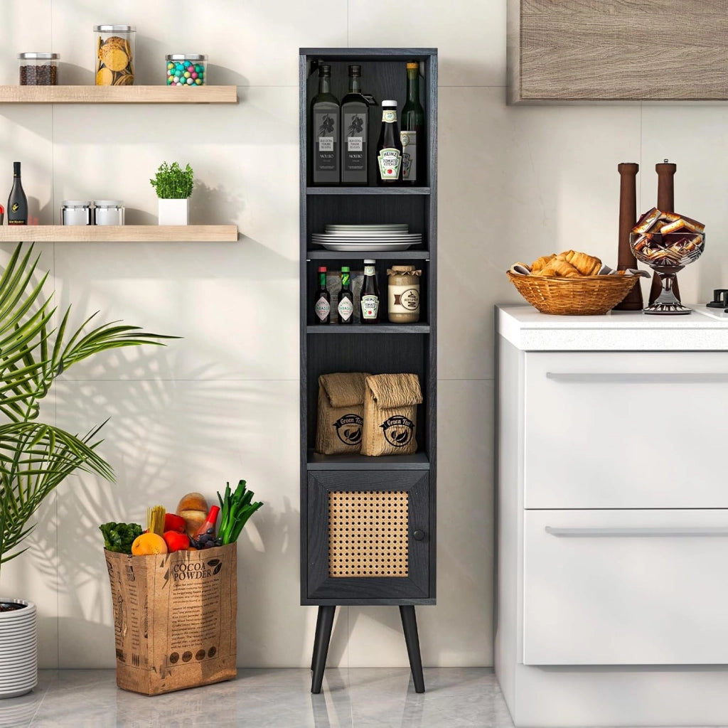 Libreria Scaffale con Anta in Rattan Naturale, Scaffale Legno in Stile Boho con 3 Ripiani Regolabili in 12 Posizioni, per Soggiorno Cucina e Camera da Letto, 29,5 x 29,5 x 137 cm (Nero)