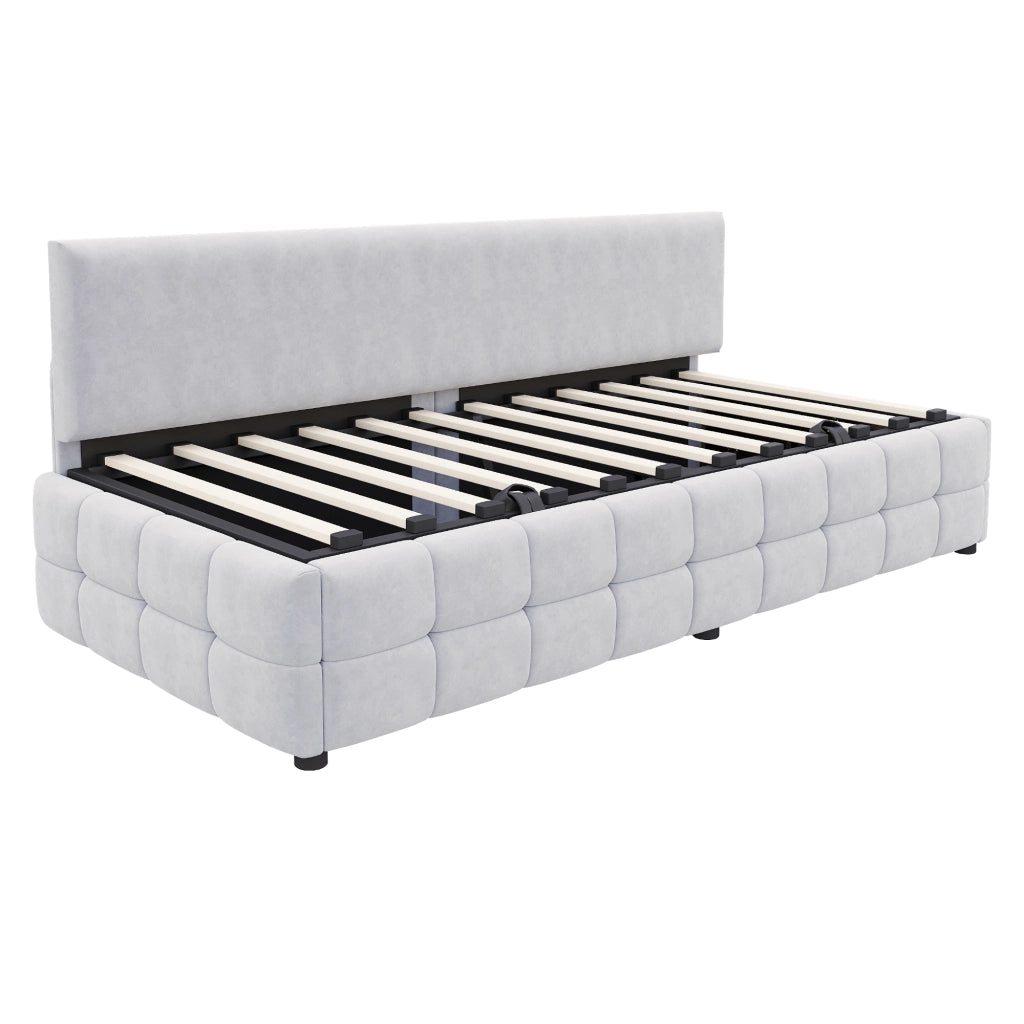 Letto imbottito 90x200 cm con contenitore idraulico, schienale senza braccioli, velluto grigio chiaro