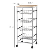 Carrello da Cucina con Cesti Estraibili in Acciaio e Ruote 36.5x36.5x89 cm