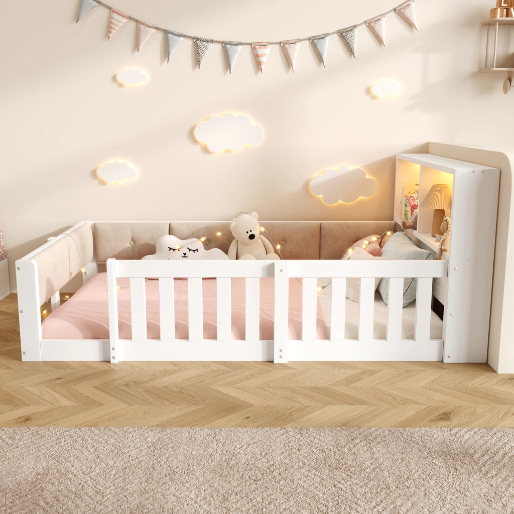 Letto per bambini 90×200 cm con testiera imbottita; LED e sponde di sicurezza; senza materasso; bianco