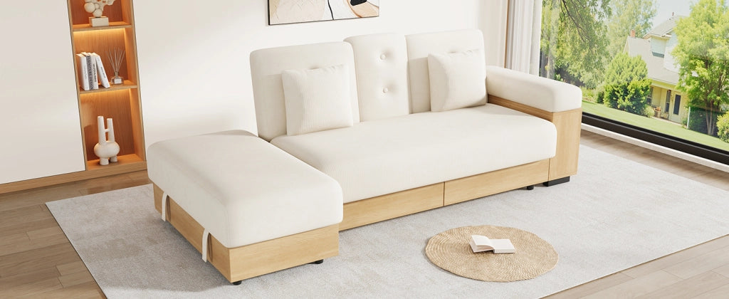 Divano letto con schienale reclinabile, spazio contenitore e portabicchieri, in chenille beige 217 × 110 × 90 cm