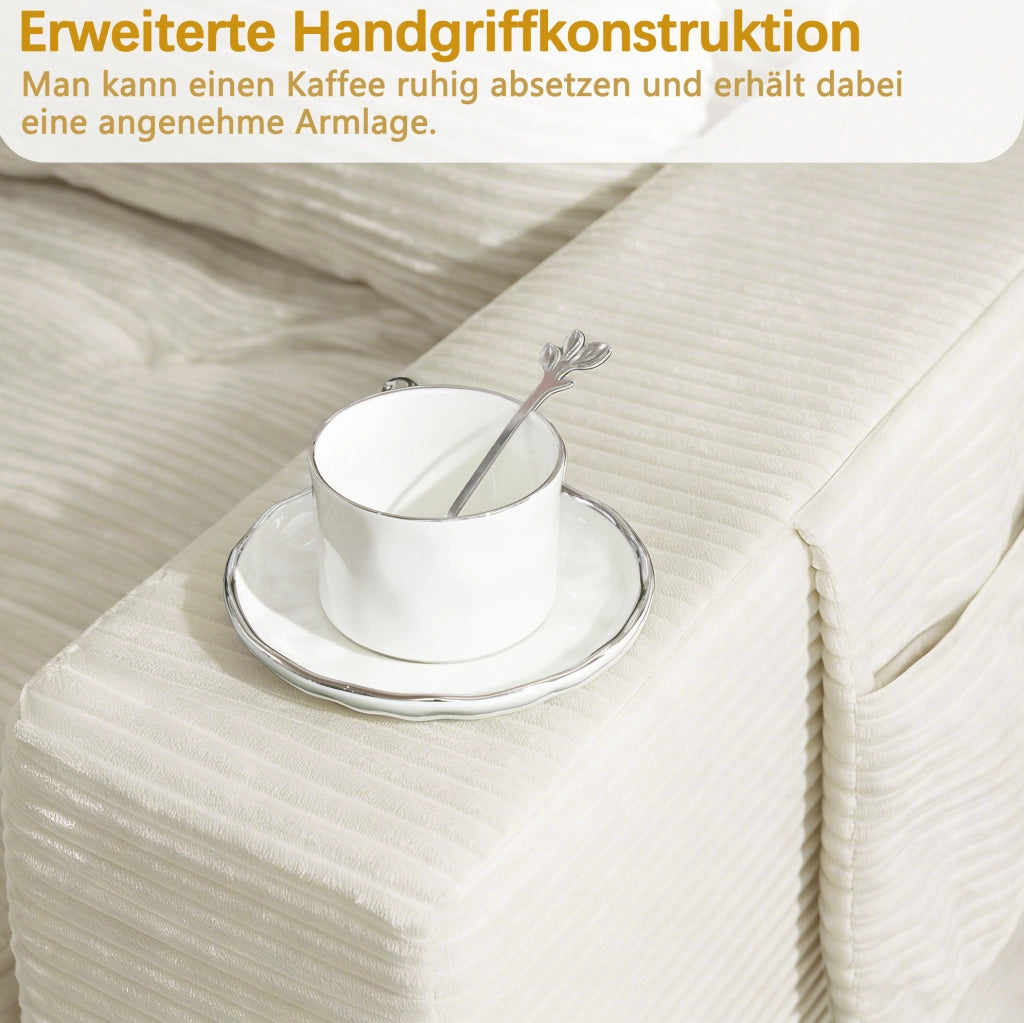 Divano letto estraibile in velluto a coste beige con tasche laterali e portabicchiere