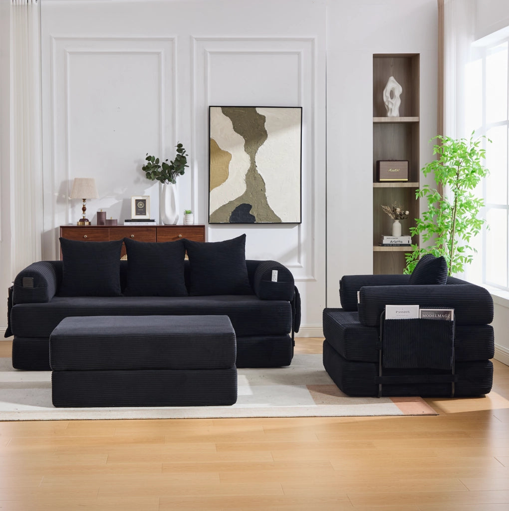 Divano modulare 3 posti con poltrona e pouf in velluto a coste nero HOMVRA