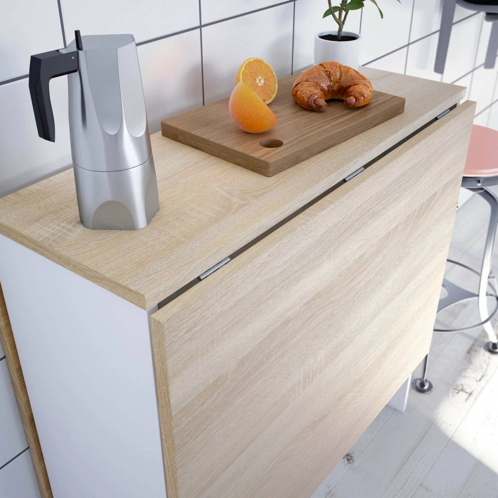 Tavolo allungabile Arid, Tavolo da pranzo pieghevole con piano abbattibile, Tavolo ausiliario richiudibile, cm 77x31h78, Bianco e Rovere