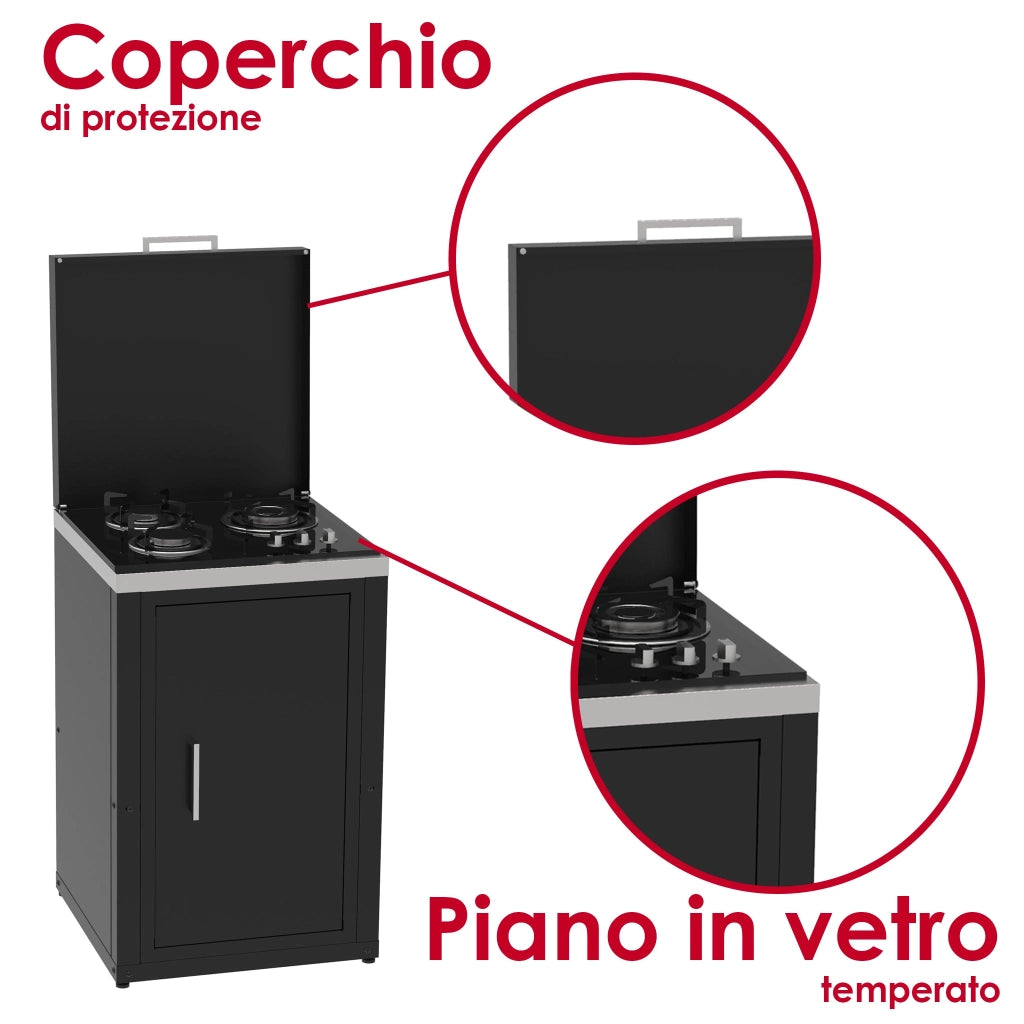Set Cucina da Esterno a Gas 2 Elementi con Lavello Rubinetto e tagliere incassato - Struttura in Acciaio e Piano in Acciaio Inox - Nero