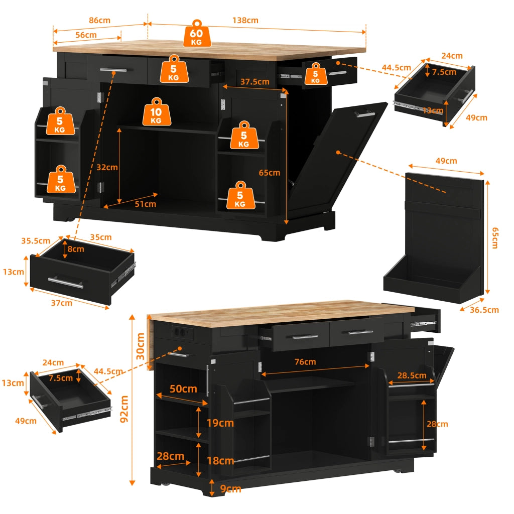 Mobile contenitore con piano pieghevole; prese USB e vano rifiuti - per cucina - 138×86×92 cm - nero