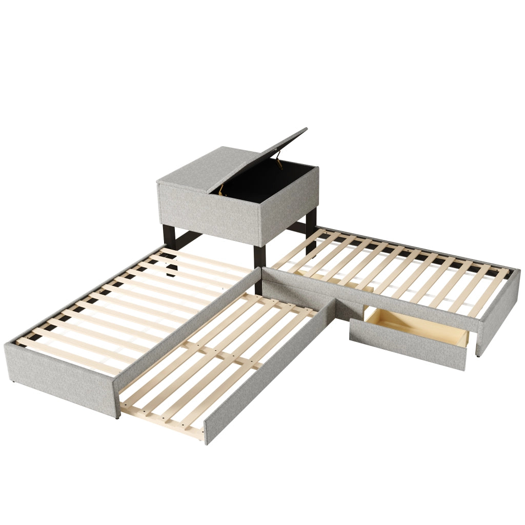 Letto angolare con letto estraibile, letto imbottito con contenitore, lino grigio, 90x200 cm, senza materasso