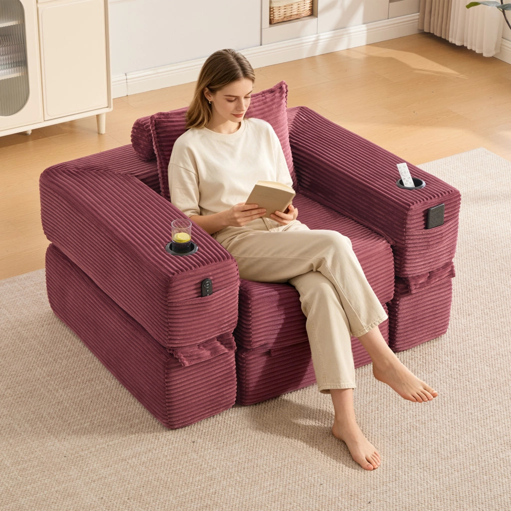 Divano letto modulare con tasche laterali e portabicchieri in velluto a coste rosso vino 122 × 98 × 80 cm