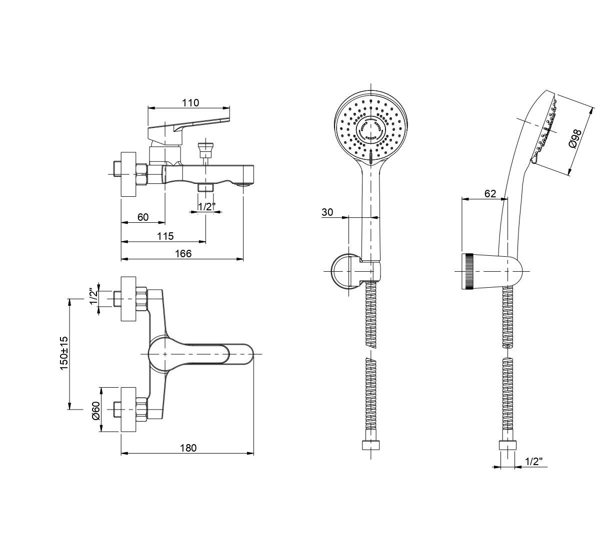 Kit Doccino e Miscelatore per Vasca in Ottone da Parete Bonussi Memphis Cromato