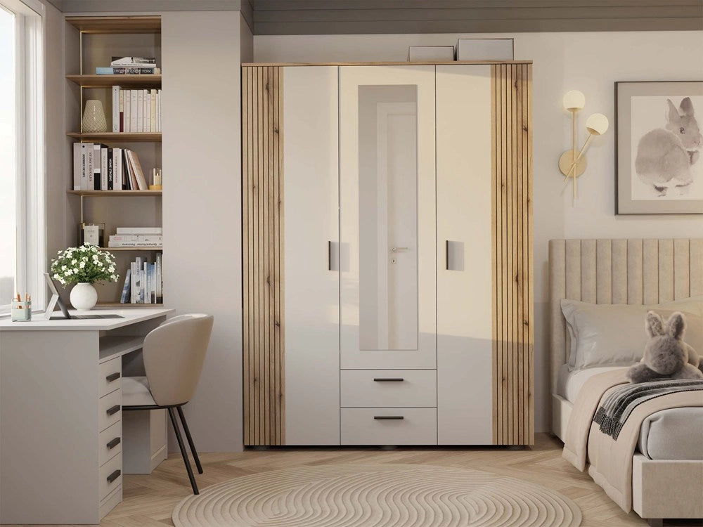 Armadio AVA 150 cm specchio 2 cassetti scanalato frontale rovere EVOKE cashmere beige guardaroba