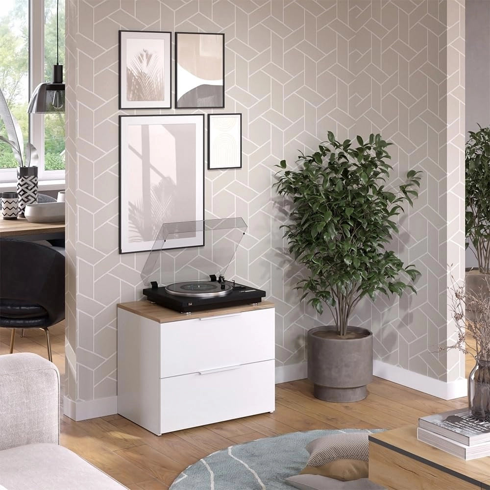 Cassettiera Wido, Bianco/Sonoma, 60 x 50 cm con 2 cassetti, per riporre abiti e oggetti di uso quotidiano