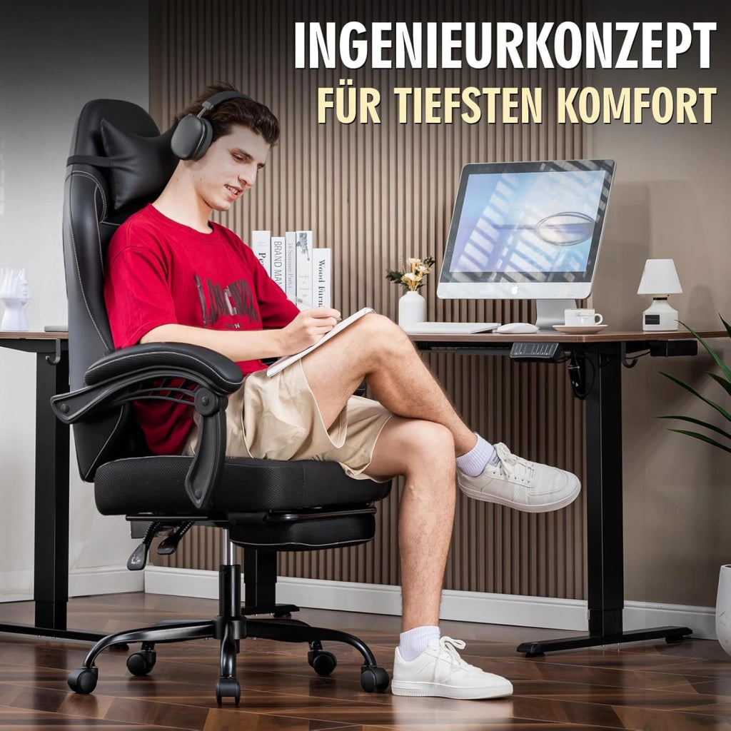 Sedia da gioco, ergonomica, con poggiapiedi, sedia da ufficio, regolabile in altezza, con cuscino lombare, sedia girevole in ecopelle nera