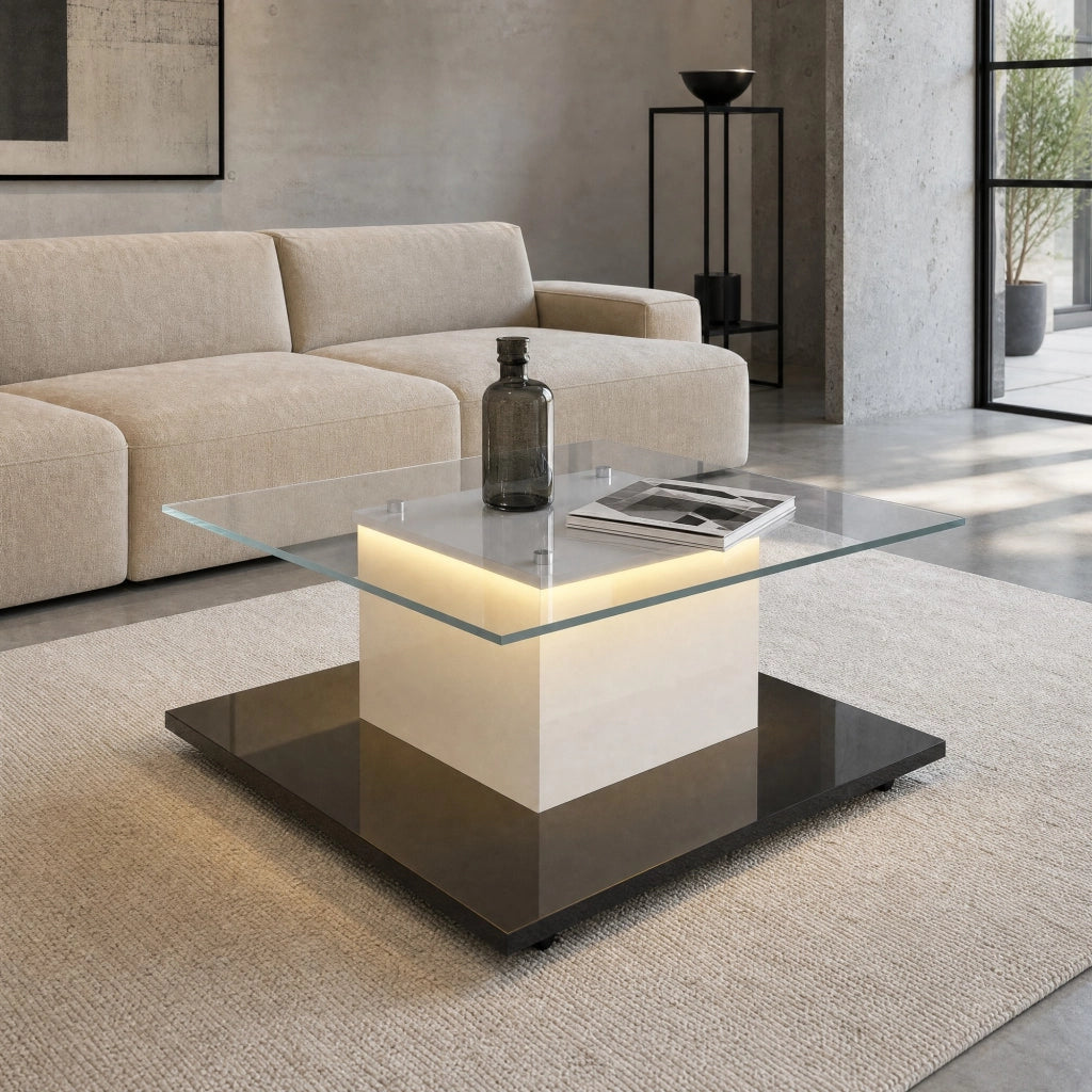 TAVOLINO DA CAFFÈ 80 x 40 cm in pannello di legno bianco e nero con LED