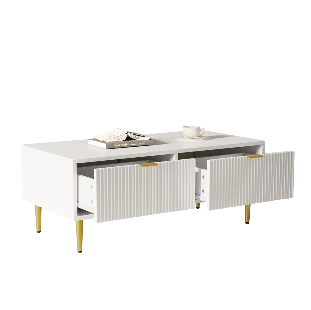 Tavolino da salotto bianco con accenti dorati e due cassetti