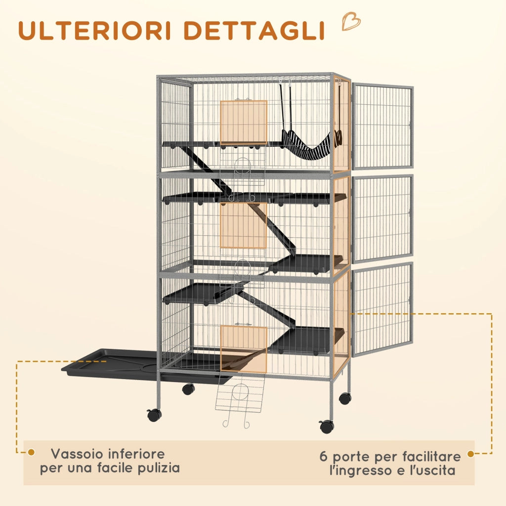Gabbia per Conigli con 4 Ingressi a Livelli Multipli con Amaca 80x52x159 cm in Acciaio e PP Argento e Grigio