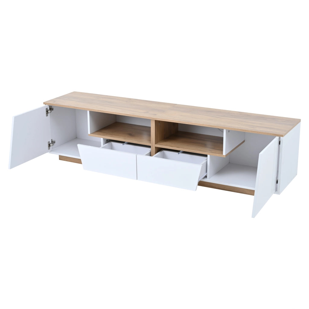 Mobile porta TV con 2 cassetti 2 vani chiusi e 2 vani aperti LED frontale lucida bianco e legno 180 × 40 × 46 cm