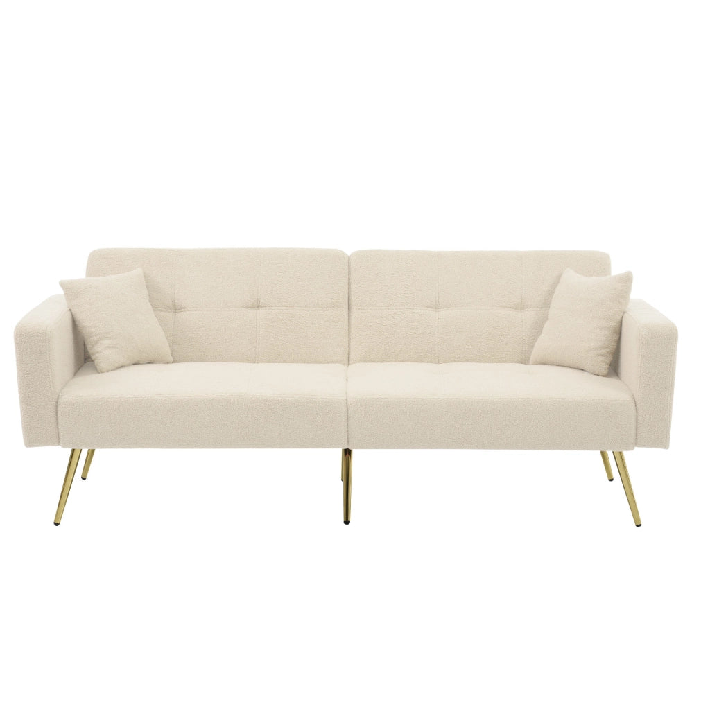 Divano letto ULEVR 175 cm beige con schienale regolabile, tasche laterali e gambe dorate