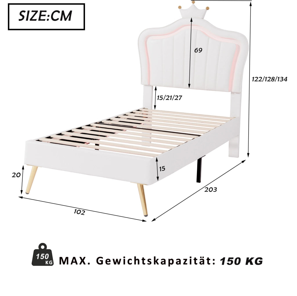 Letto imbottito per bambini 90x200 cm con corona, LED e similpelle bianca