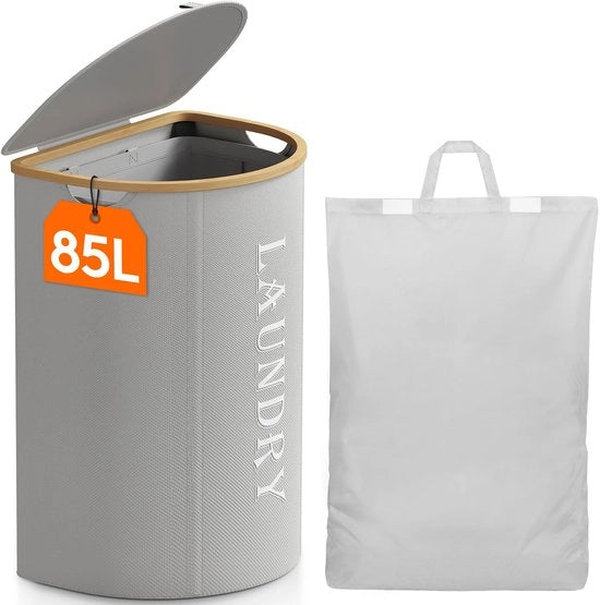 Wascanna 85L con coperchio, wasca con tasche lavaggio rimovibile per panni sporchi, contenitori per la lavanderia, lavandini pieghevoli per bagno, camera da letto, grigio argento
