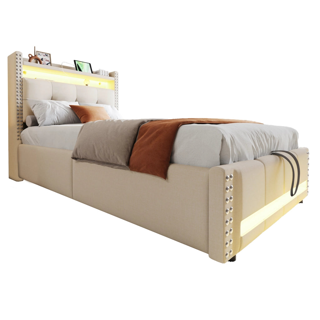 letto imbottito lino beige 90 x 200 cm