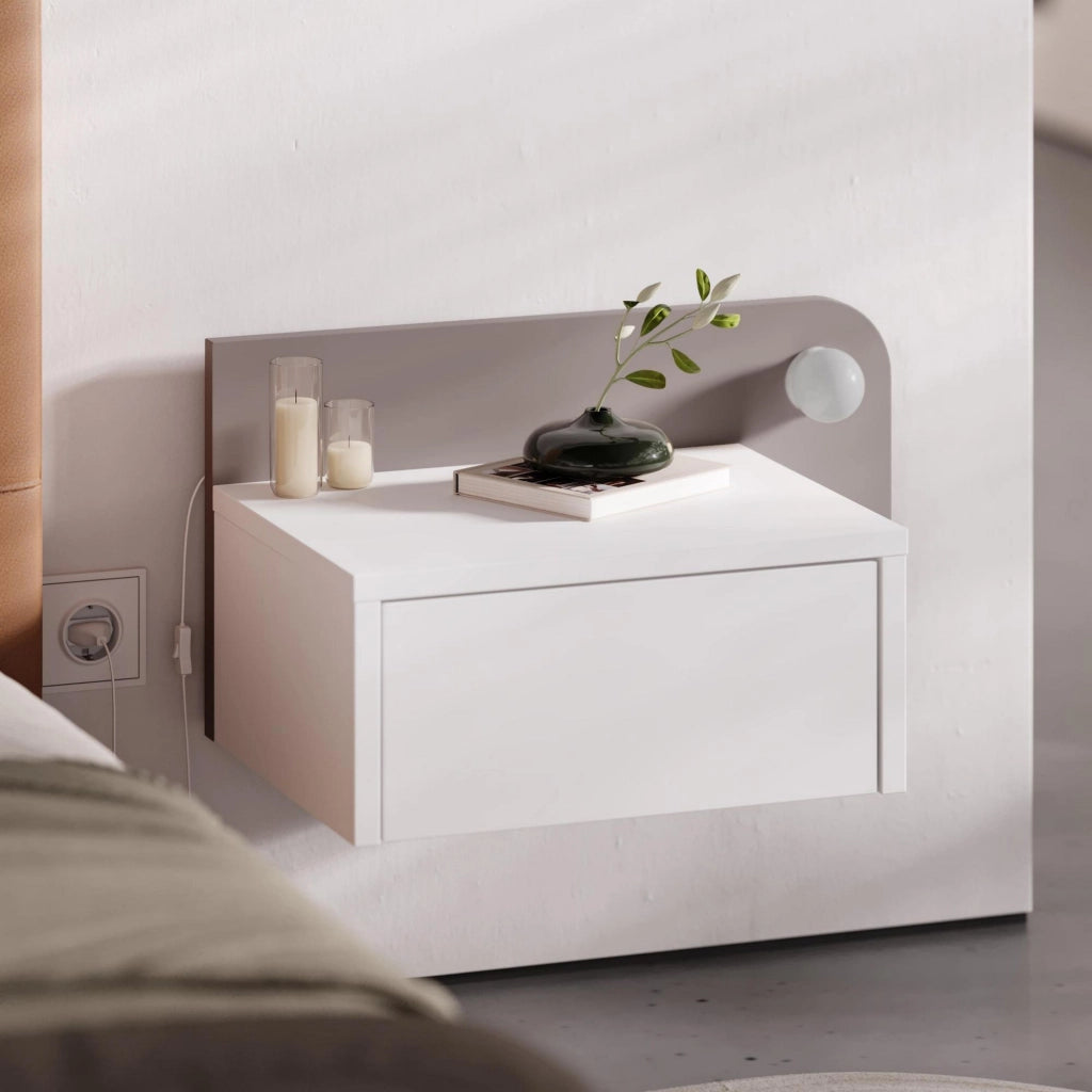 Comodino "Dotta" con lampadina in legno - 52 x 30 x 28 cm - Bianco