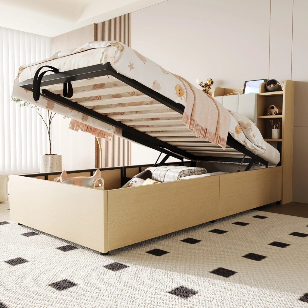 Letto contenitore 90x200 cm con alzata idraulica; prese USB e Type-C in MDF