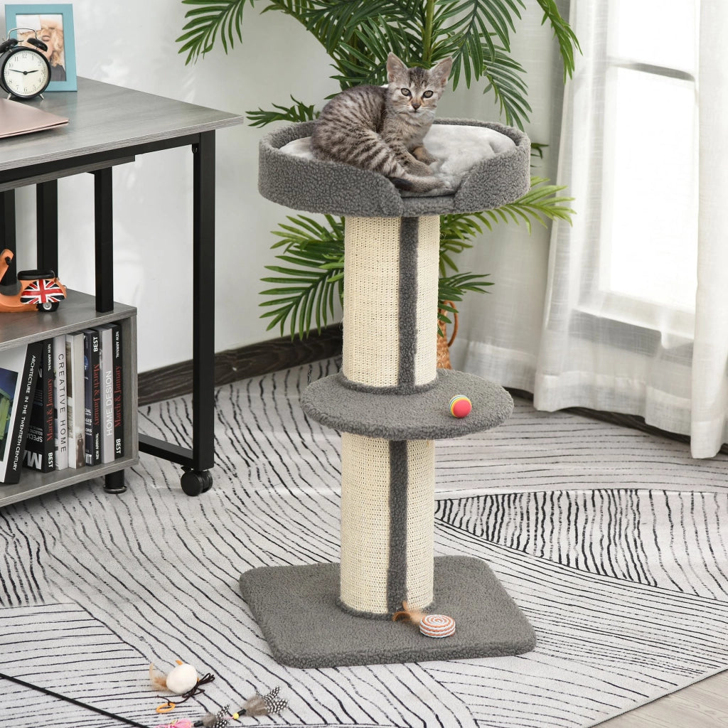 Tiragraffi per gatti con piattaforma, rivestimento in sisal, colore grigio, 45x45x91 cm
