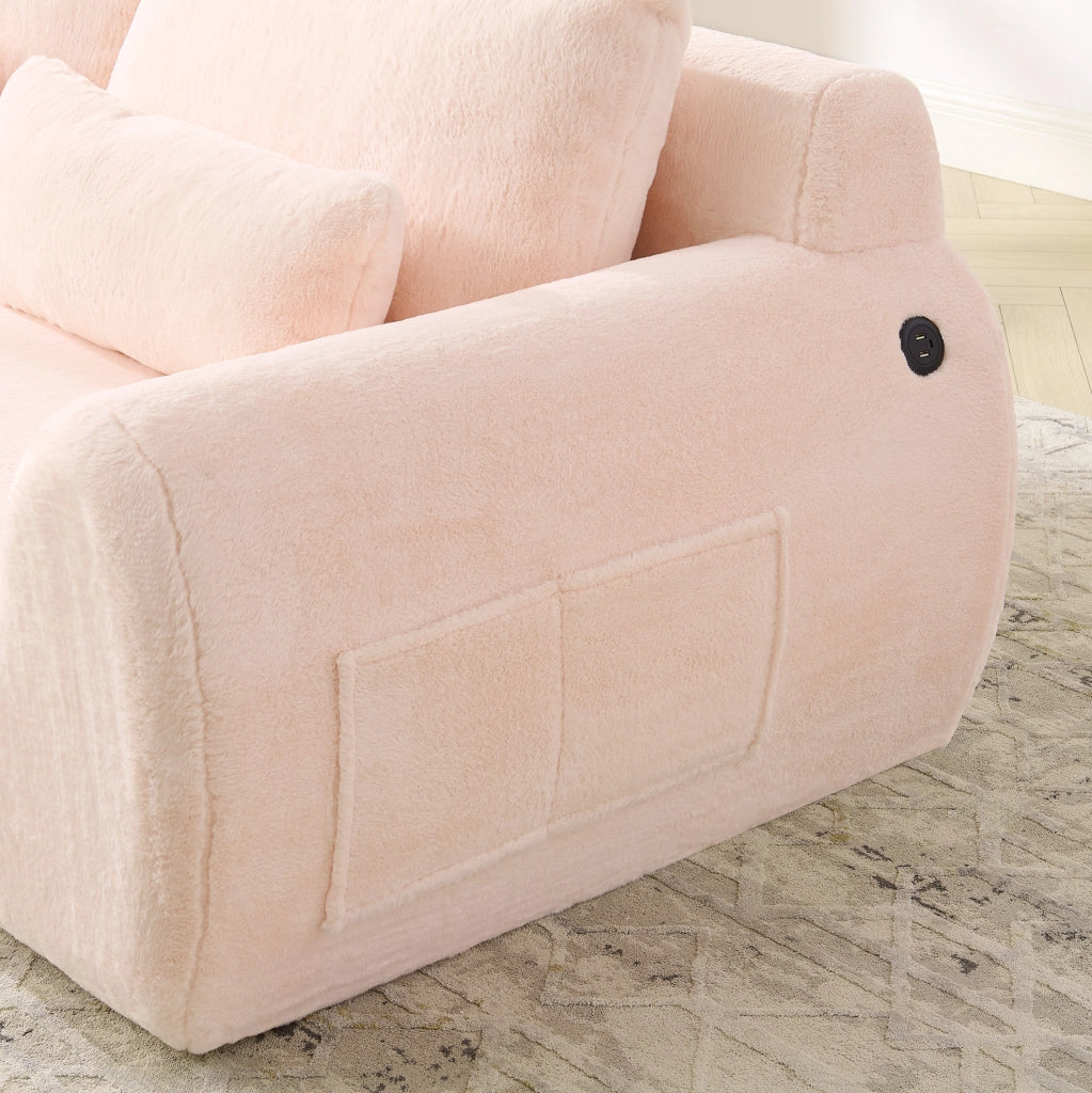 Divano 2 posti con porte USB e tasca laterale; tessuto effetto pelliccia; rosa