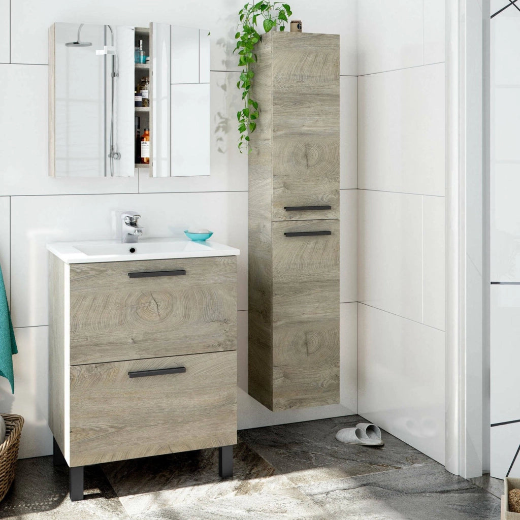 Martesana, set Mobili Bagno Specchio Incluso, Marrone Rovere