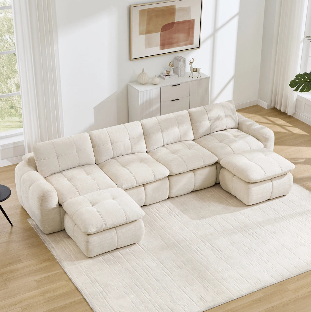 Divano modulare U in chenille; 334x160x68 cm; beige