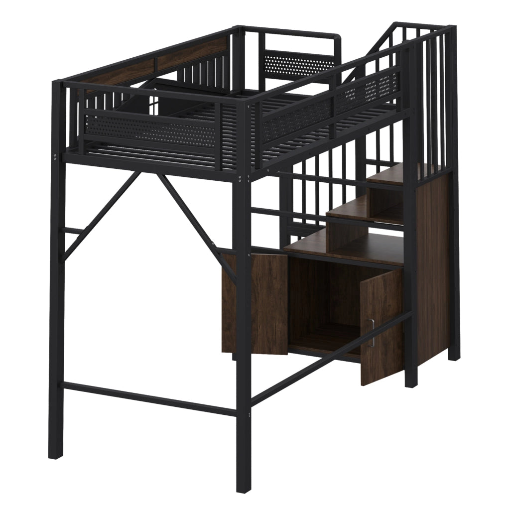 Letto a soppalco 90x200 cm con scala; contenitore e finestra in metallo e legno nero