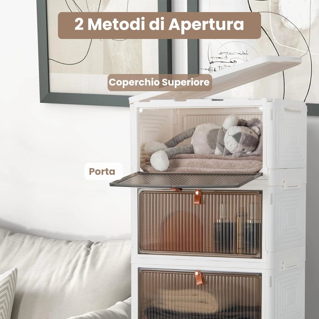 Scarpiera Pieghevole a 3/4/6 Piani, Mobile Multiuso Impilabile con Porte Trasparenti Magnetiche e Ruote Piroettanti Bloccabili, Contenitore con Coperchio per Cibi Giocattoli Abiti (6 Piani)
