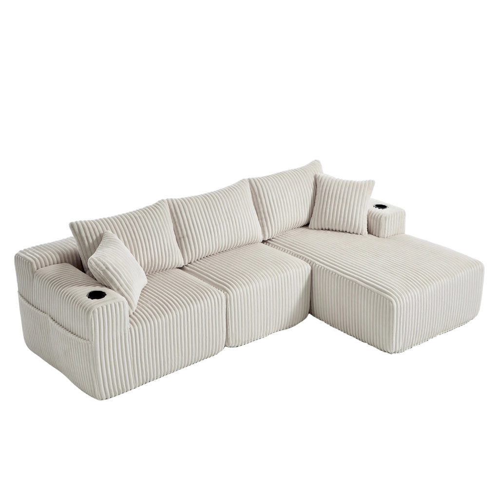 Divano modulare con chaise longue e 2 posti, tasche laterali, portabicchieri e 5 cuscini in corduroy beige