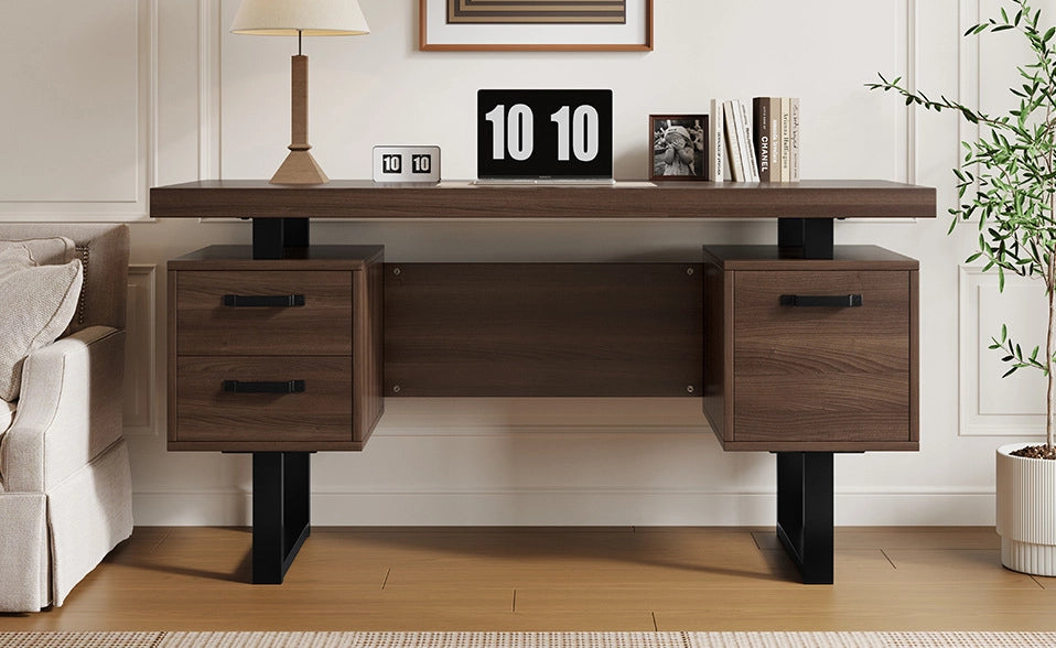 Scrivania 135x54 cm in MDF e acciaio， marrone， con contenitore e cassetti silenziosi