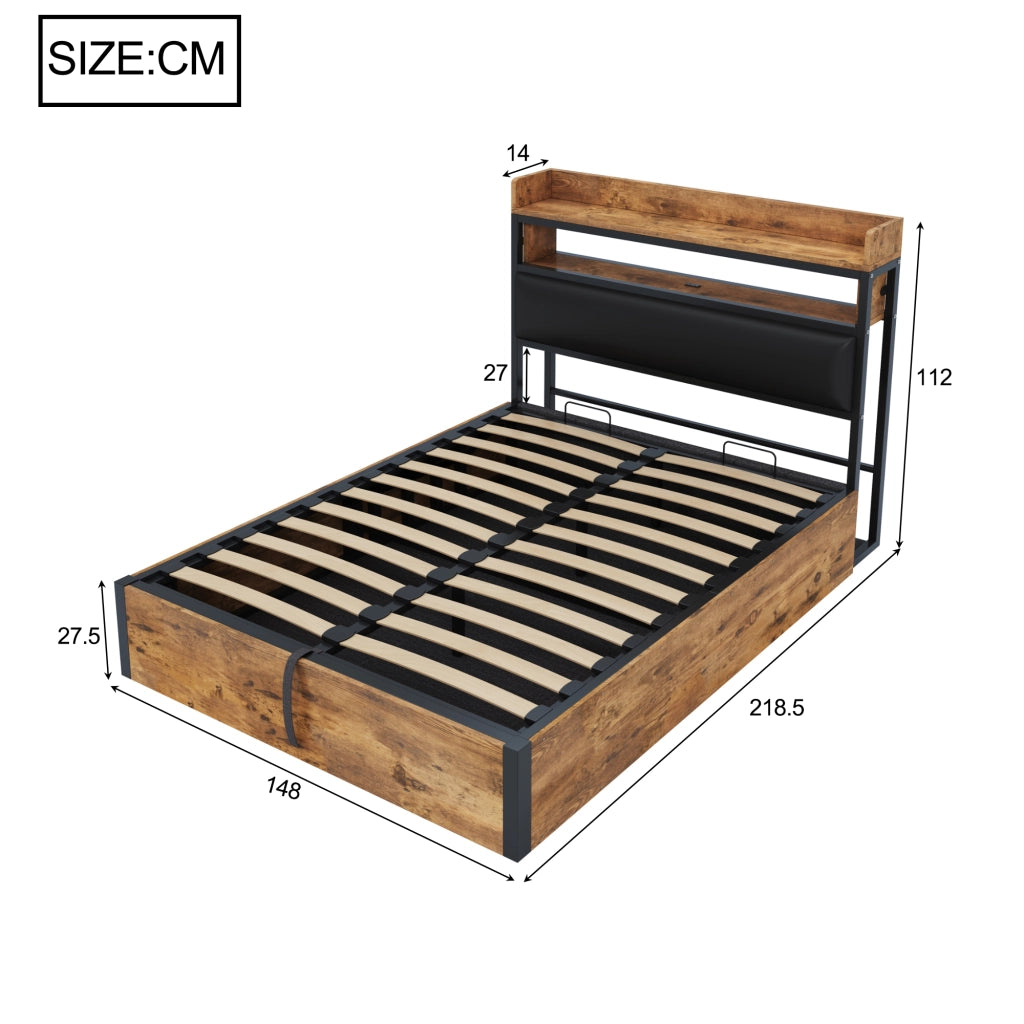 Letto Contenitore 140 x 200 cm; Letto Matrimoniale - USB e Testiera con Mensole - Nero